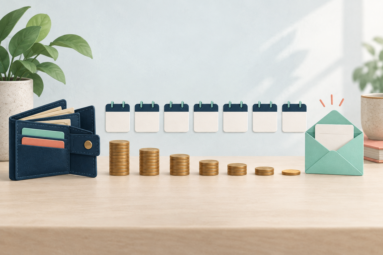 Billetera, monedas y calendario hasta el próximo cobro.