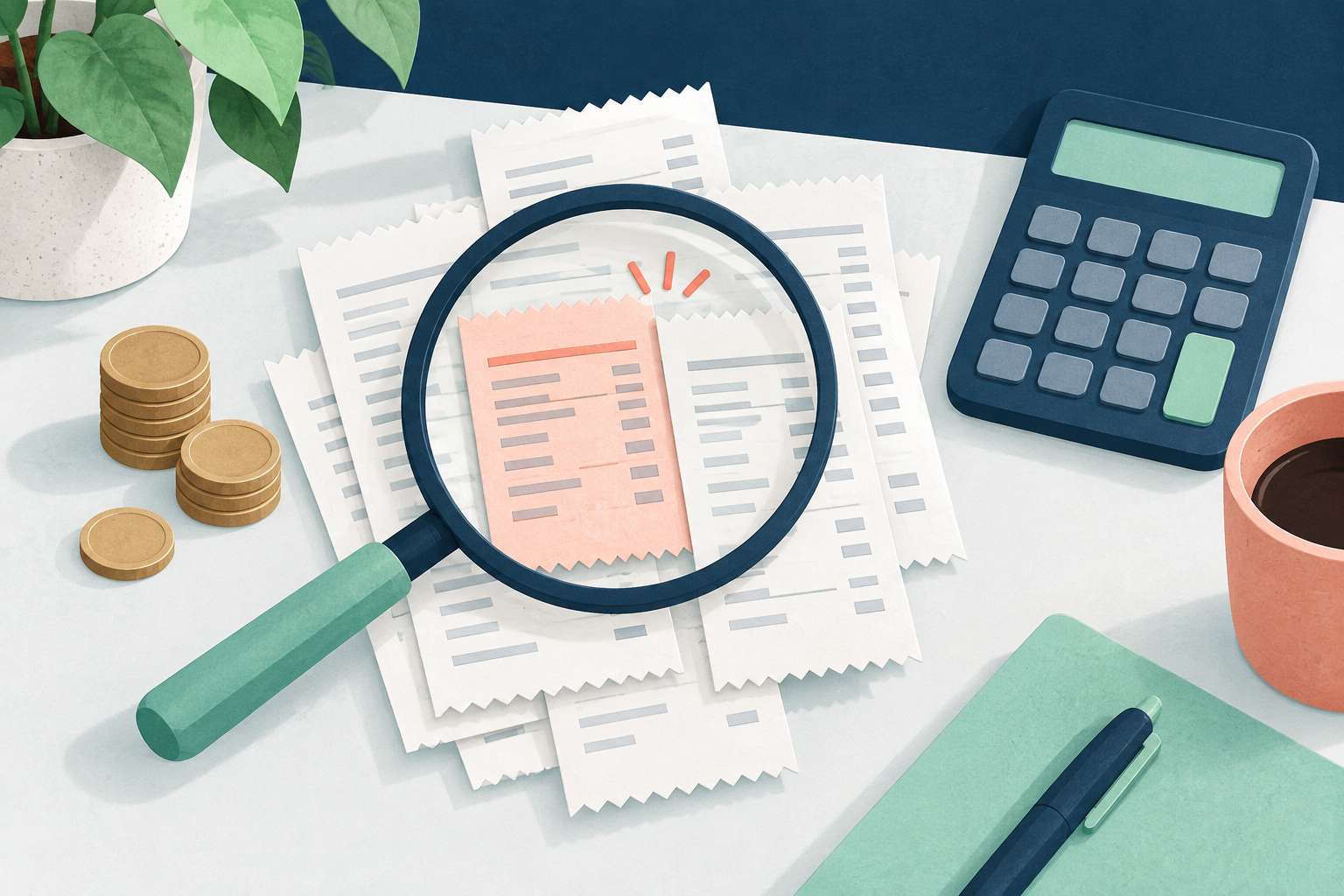 Lupa y calculadora para revisar movimientos duplicados y errores de saldo.